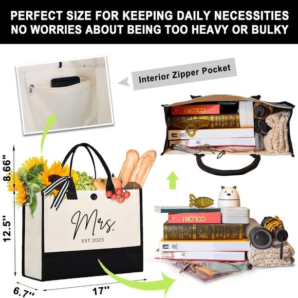 Mrs Canvas Tote Bag Large Capacity Bridal Shower Wedding Gift for Bride - Picture 4 of 7